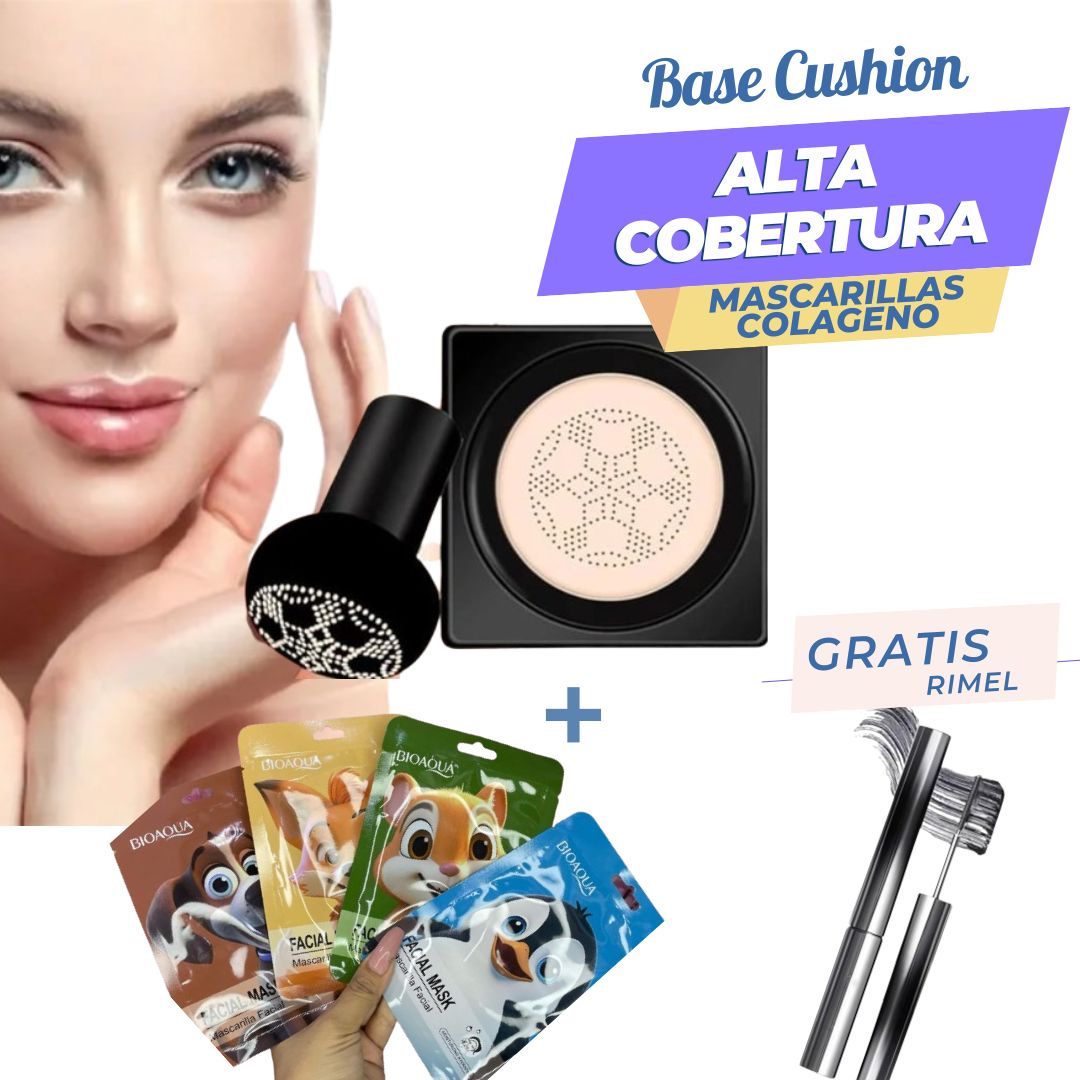 BASE CUSHION + 3 Mascarilla de Colágeno + Rímel GRATIS
