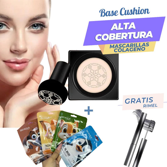 BASE CUSHION + 3 Mascarilla de Colágeno + Rímel GRATIS
